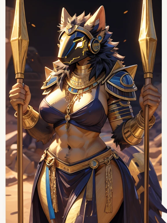 Hairy Protogen, Wide hips, stomach, beautiful, muscular, spongy, Hairy details, female, naked big breasts, Egyptian warrior armor, gold chains, gold bangles, flock espadas, gemstone necklaces,  small armor plates on the waist,  golden shoulder pads,  snake staff 