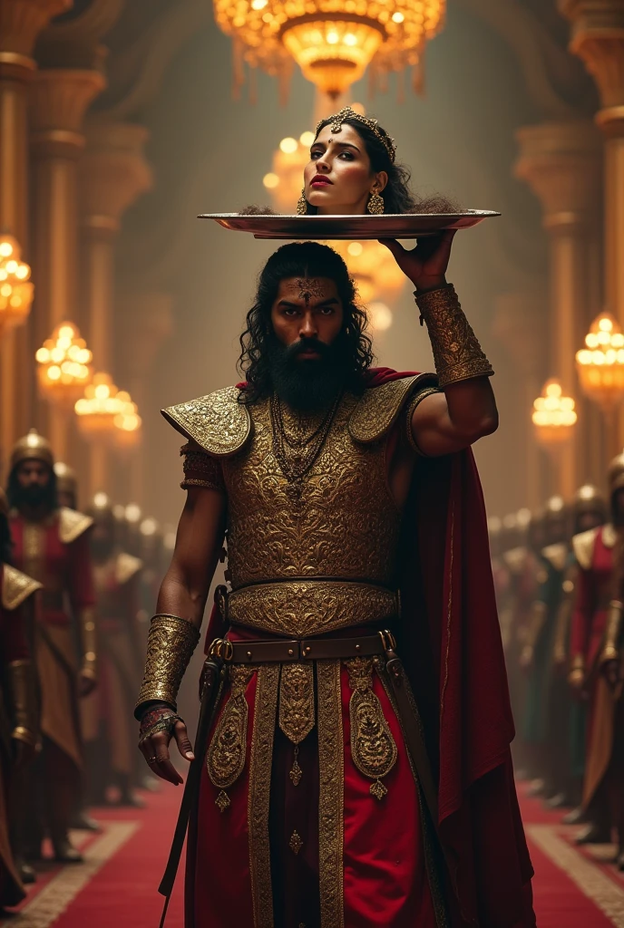 A Rajput soldier carries the queen's severed head on a plate to the king.