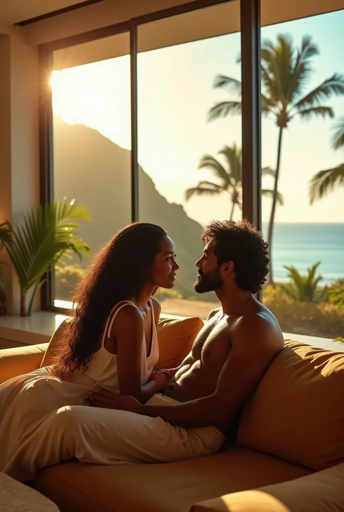 african girl, 19 ans, long black hair, looking into the eyes of a white guy, good looking, shaggy hair,sitting in a large luxury modern living room, tan furniture, natural lighting, day, panoramic view of Hawaii out of the window, wearing zimmermann, detailed, hd, interracial, futuristic, holograms