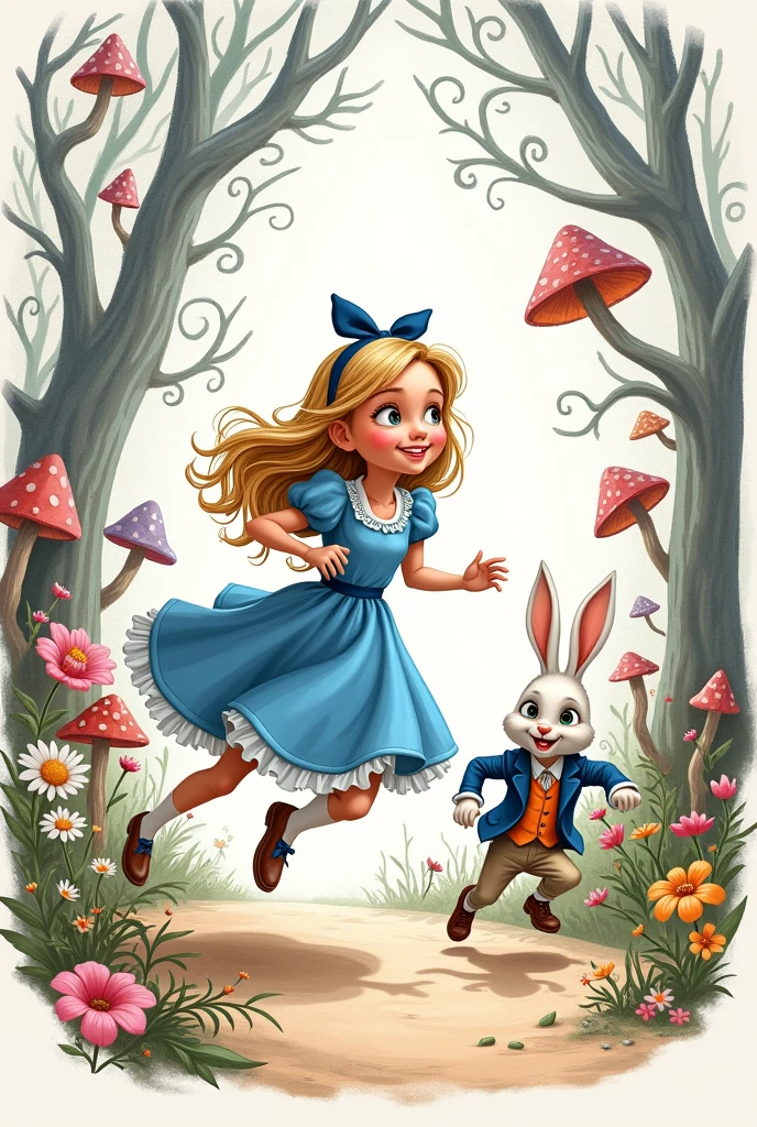 The Alice in Wonderland cartoon shows a line drawing of Alice running after a rabbit.