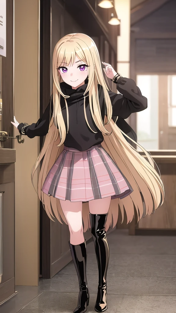 1 girl, solo, an extremely beautiful frame, great view, detailing, HD frame, (( ultra quality )) , A beautiful girl, patent leather boots,
blonde hair, shiny figure, Pink eyes, manicure, full length, plaid skirt, I am hooded, bracelets, black over the knee boots, heels, room, night, lamps are on, nice smile, long hair, Thin legs, 8k,
aesthetics of privacy, clear frame, Looking at the viewer, (( drawing many details )) , take into account all the shortcomings,