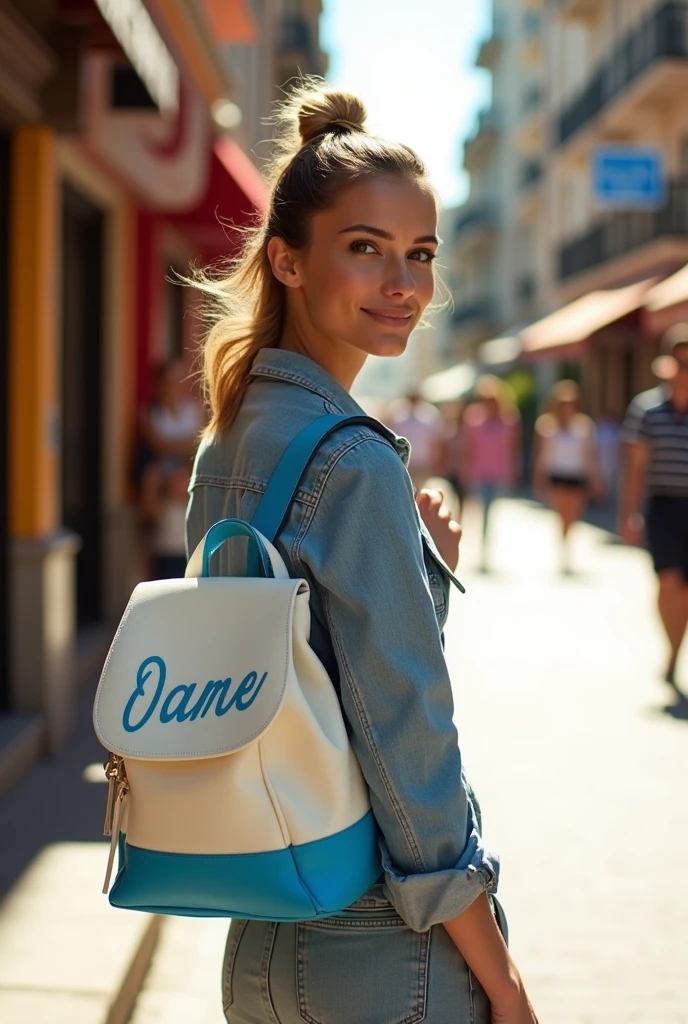 A woman carries a small white and blue canvas bag with a name printed on it over one shoulder. The backpack has short straps and is held under her arm.