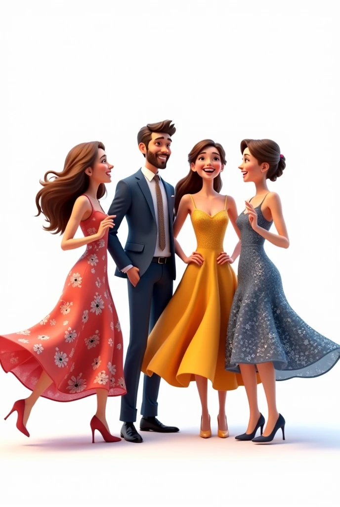 generates a group of people in 3D animation, three of which are women in dresses and one man in a suit, white background