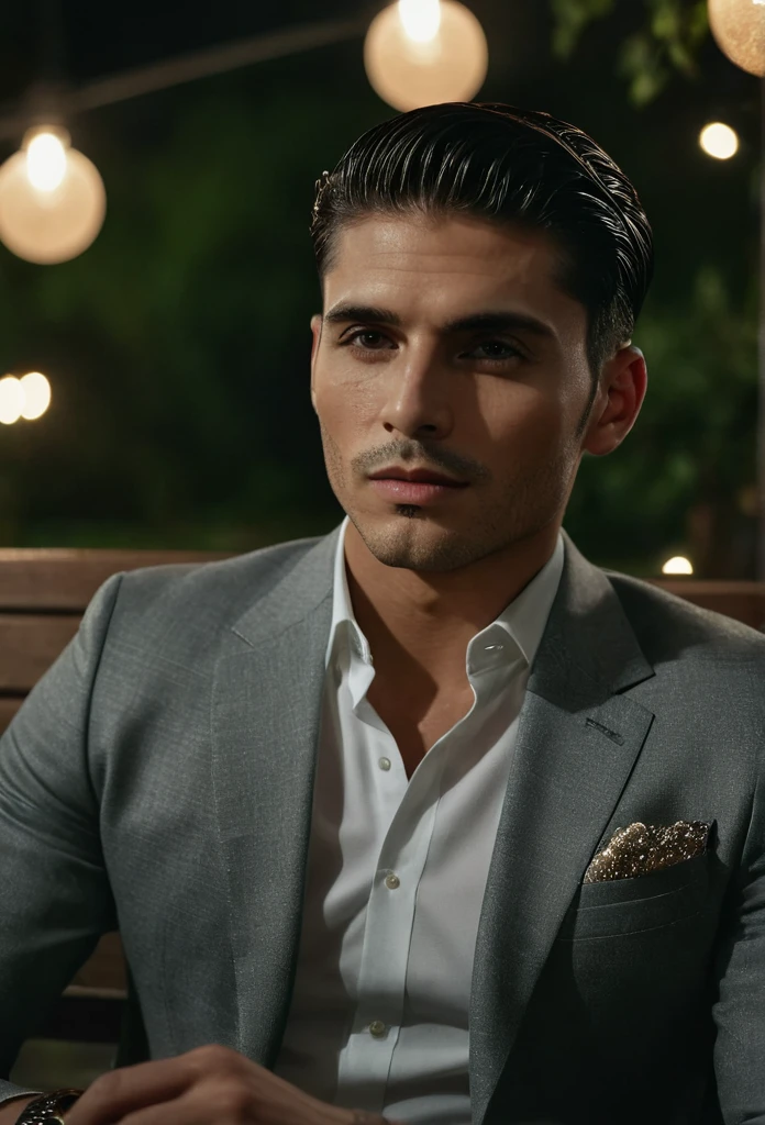 gu,a handsome man in a party, sitting on a bench, looking to the side, detailed facial features, sharp focus, 8k, photorealistic, professional photography, dramatic lighting, cinematic composition, elegant attire, high-quality, hyperrealistic, intricate details, flawless skin, intense gaze, natural expression, chiaroscuro lighting, dramatic shadows, warm color tones, sophisticated style, luxurious environment