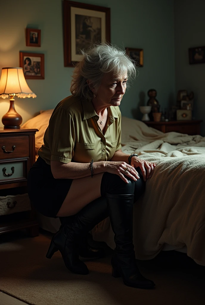 Ugly old woman wearing a satin shirt with a black leather skirt and thigh high boots. She is on her knees with her hands behind her back in her room at the foot of the bed.