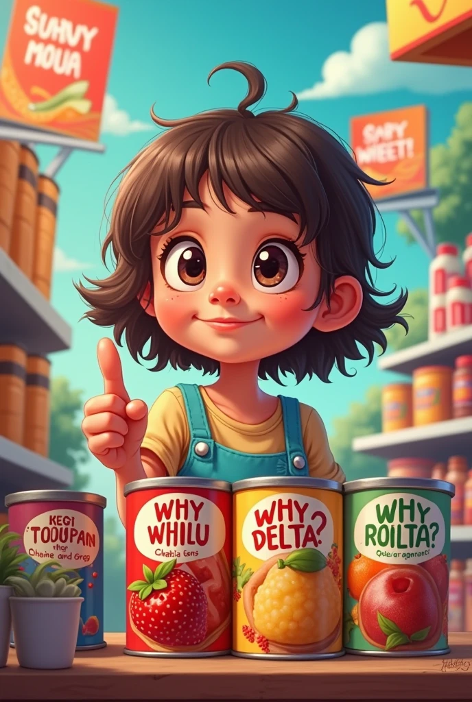 Create me a picture of my business "why why why delata?" Wiih a girl pointing the canned food like questioning