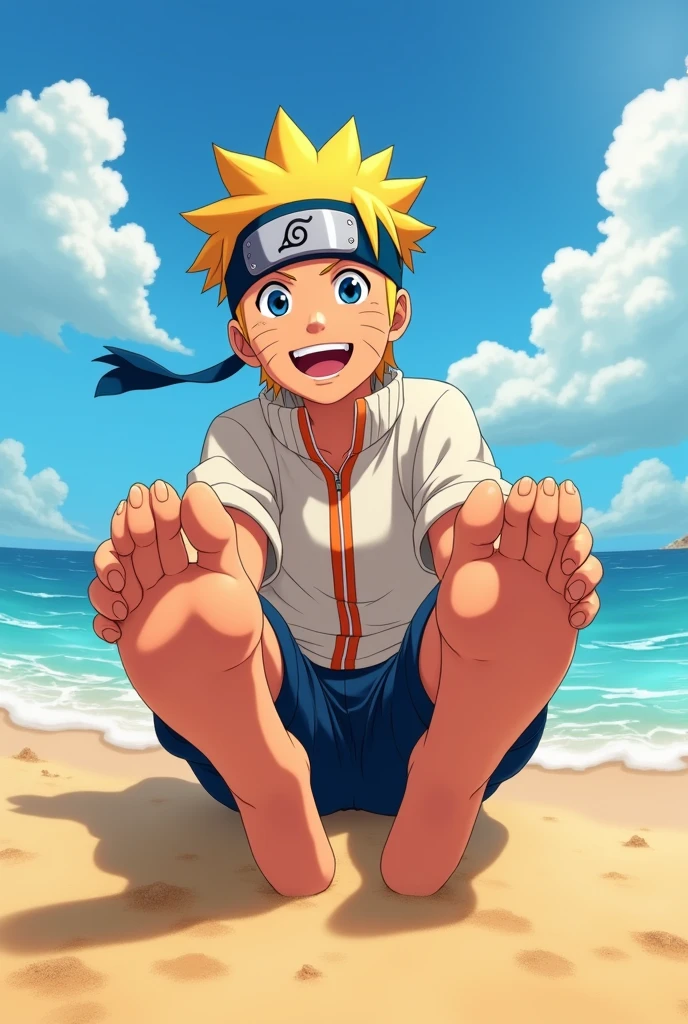Realistic anime style animated image in HD of young Naruto Uzumaki barefoot showing the soles of his feet from below close to the camera,sitting on the beach smiling shirtless