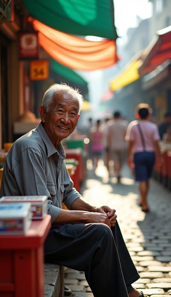 A man is sitting selling lottery tickets. The scene is a market with many people passing by., has a grocery store. Character appearance: Mr. Tu is 60 years old. , skinny, White hair, gentle smile . Wear old gray shirt, Old black pants Original horizontal shot.
The market has a fun feel. 

