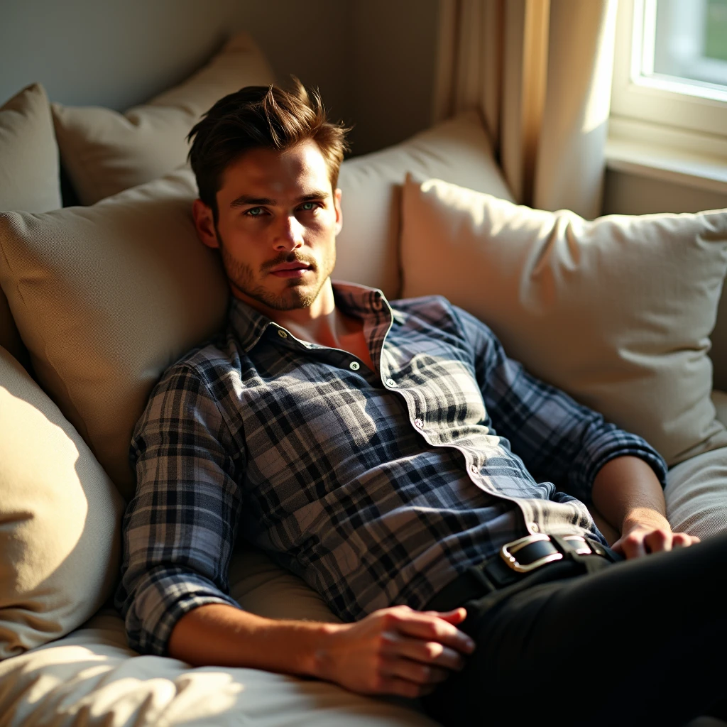 A white man, at 33 years old, model type, with short dark hair, with blue eyes, wearing a plaid shirt buttoned up, black pants with belt, tennis, lying on the bed
