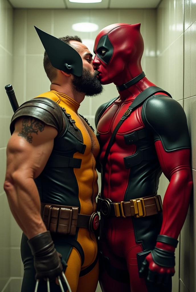 In the bathroom, Deadpool is sucking Wolverine's cock