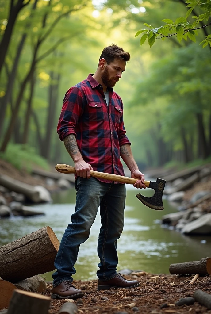 Messi as a woodcutter beside a river
