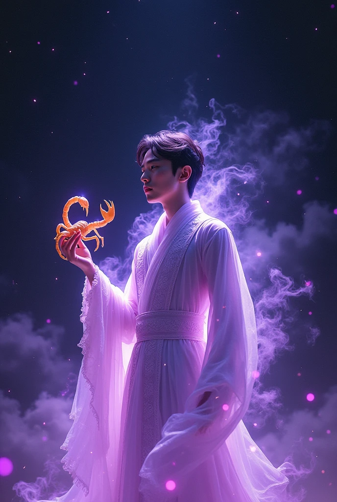 A handsome young male (Korean male), a male deity, with a purple light all over his body, a black starry sky, holding a scorpion in his hand, and an unruly gaze