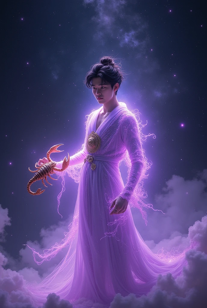 A handsome young male (Korean male), a male deity, with a purple light all over his body, a black starry sky, holding a scorpion in his hand, and an unruly gaze