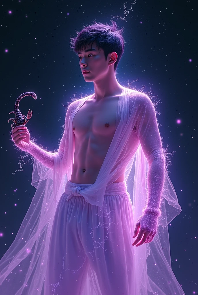 A handsome young male (Korean male), a male deity, with a purple light all over his body, a black starry sky, holding a scorpion in his hand, and an unruly gaze