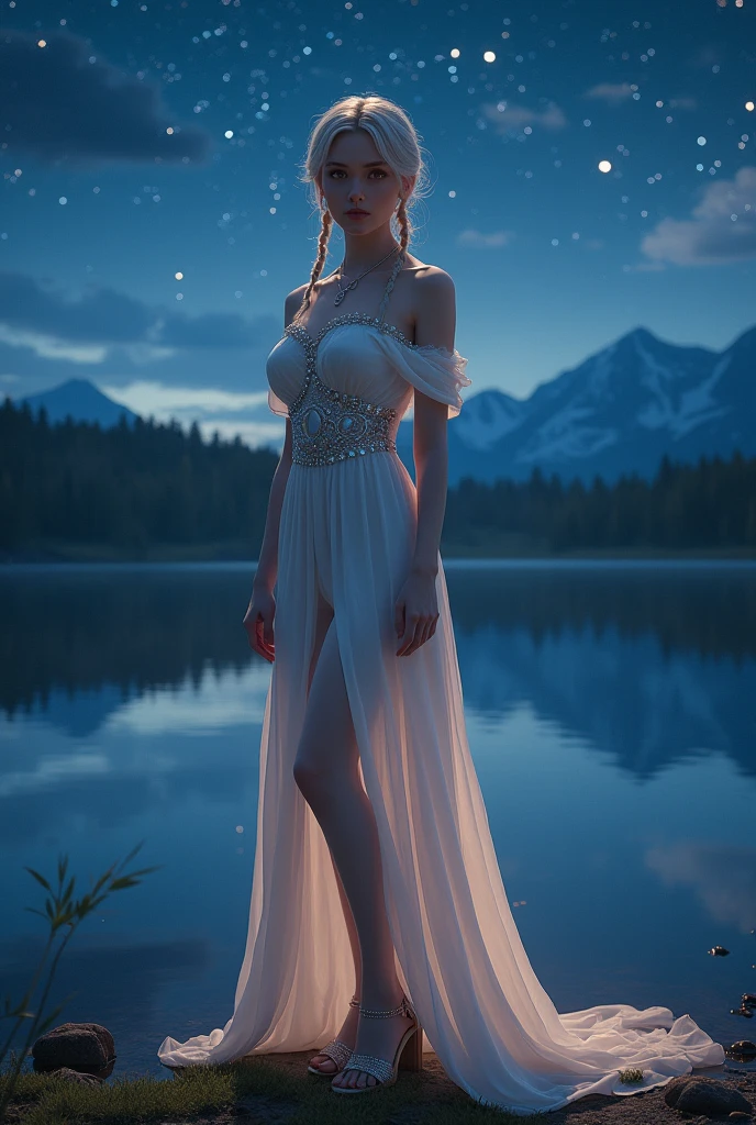 Photo of Anne of Arendelle wearing white lace stockings, big breasts, completely naked, in a dark cave , enjoys himself, scared look