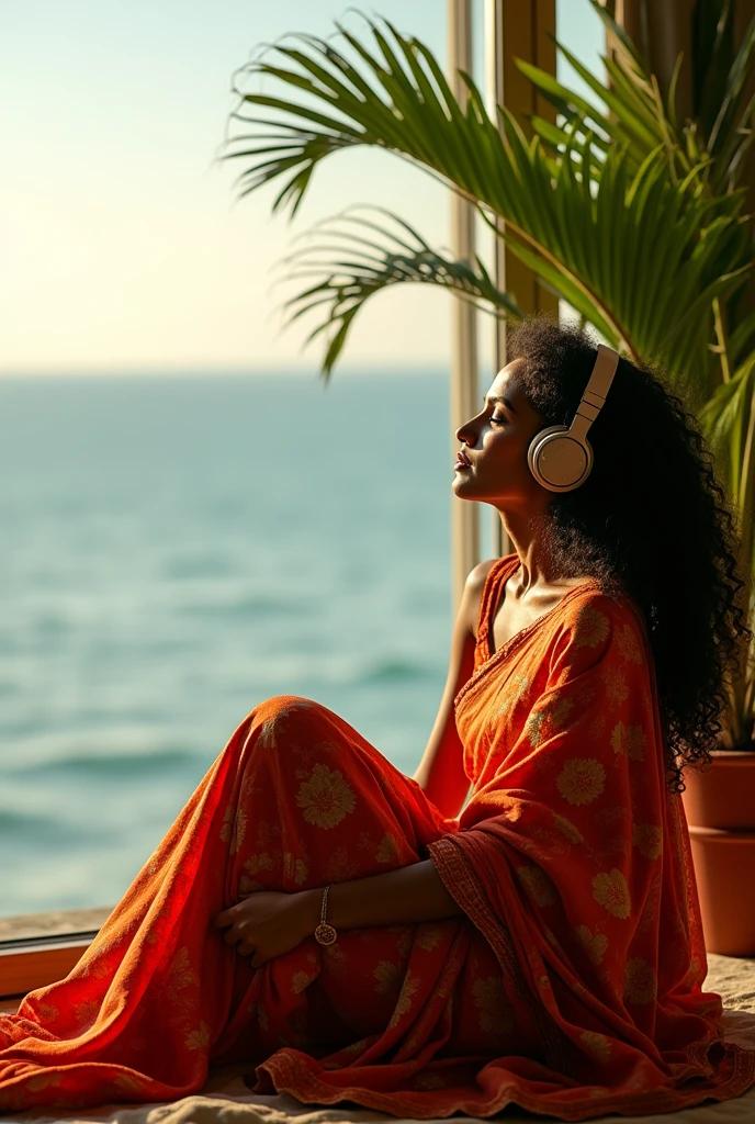 (photorealism:1.2), beautiful woman, sitting beside sea, lestening music by headphones, wearing indian sharee, long curly hair, indoors, soft lighting, plants in background, window with sunlight, relaxed pose, realistic, intricate details, 3D, green warm colors