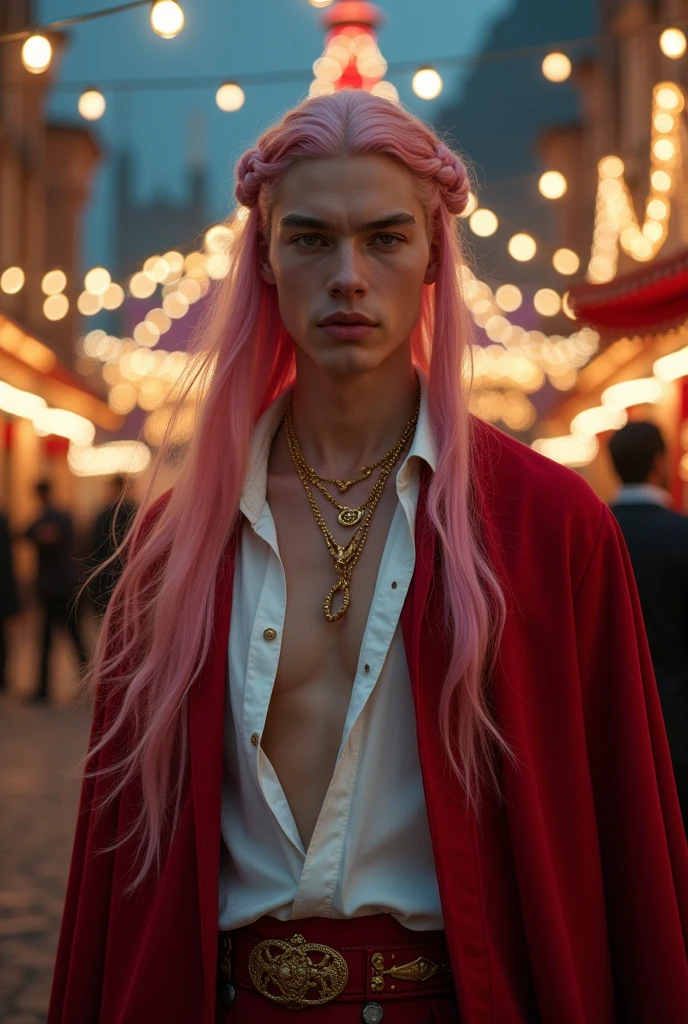 ((Masterpiece, Best Quality, Highest Image Quality, High Resolution, Photorealism, RAW Photos, 8k)), A beautiful man, 20 years old, light muscles, pale skin, fine feature, young face, lightly smile, long hair, pink pink haired, one braid, hair flying in the wind, show forehead, gold jewelry, open white shirt, thin red cloak. Outdoors, in the night circus, gothic architecture, Christmas.