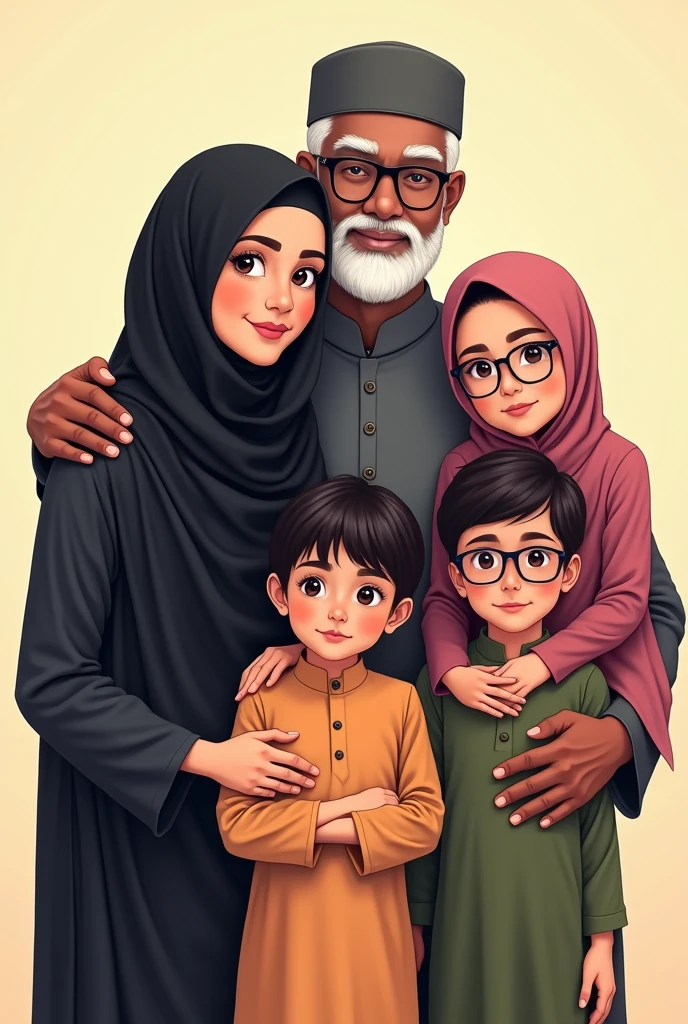 Create anime avatar family portrait of a Bangladeshi Muslim family with five members. 
1)The mother is a 45-year-old overweight woman weighing 90 kg wearing hijab and abhaya . 
2)The father dark brown skin tonned is a 65-year-old man with a white beard, wearing a cap and 
Punjabi . 
3)The eldest son is brown 21 years old adult man, wearing glasses, a shirt, and pants. 
4)The middle daughter is brown 19 years old adult women, wearing hijab and glasses .
5) The youngest son is brown , dressed in Islamic clothes  plain background.