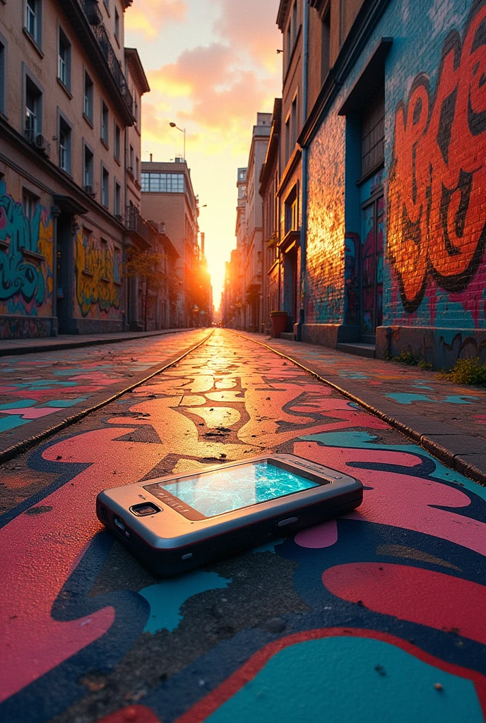 A cover for a musical single that is a street full of graffiti and has a phone in the middle and says Russell in the background 


