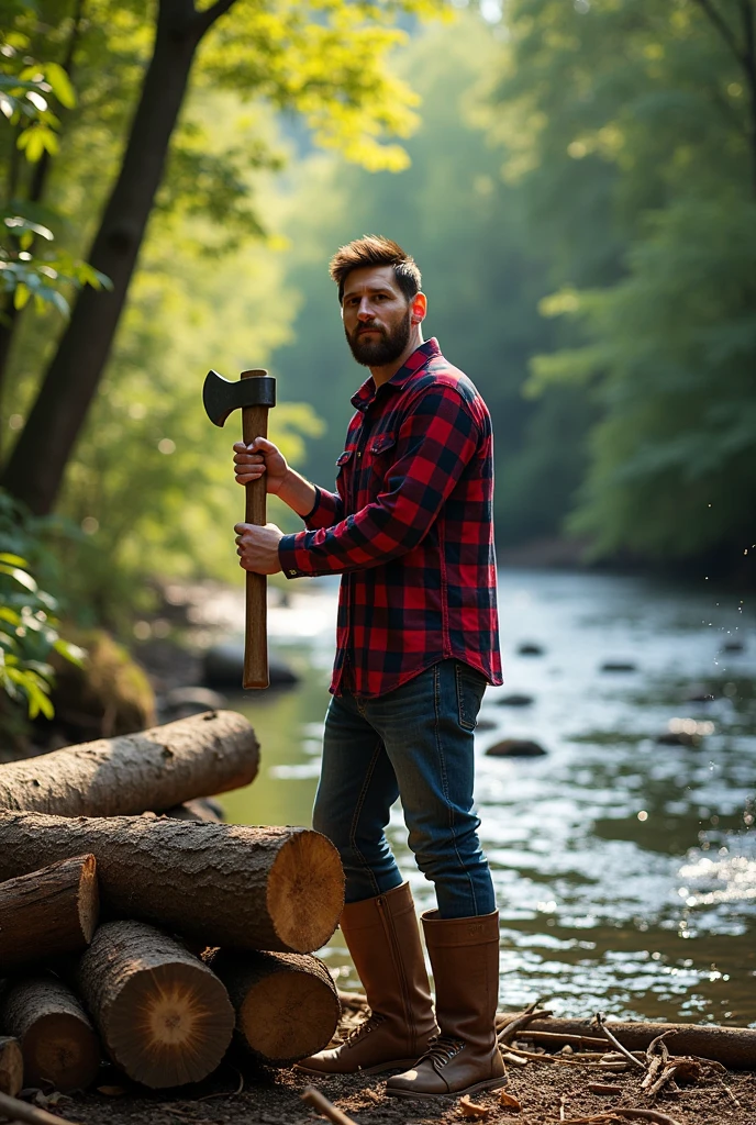 Messi as a woodcutter beside a river
