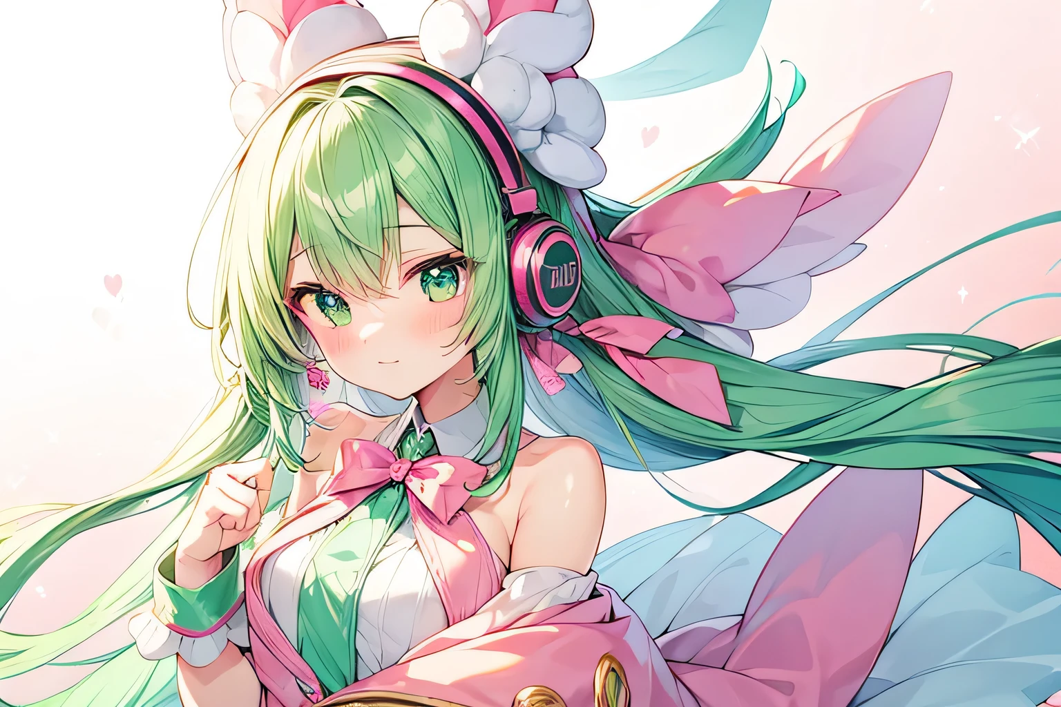 pink and green hair Magical girl Headphones and ribbon Cyber World
