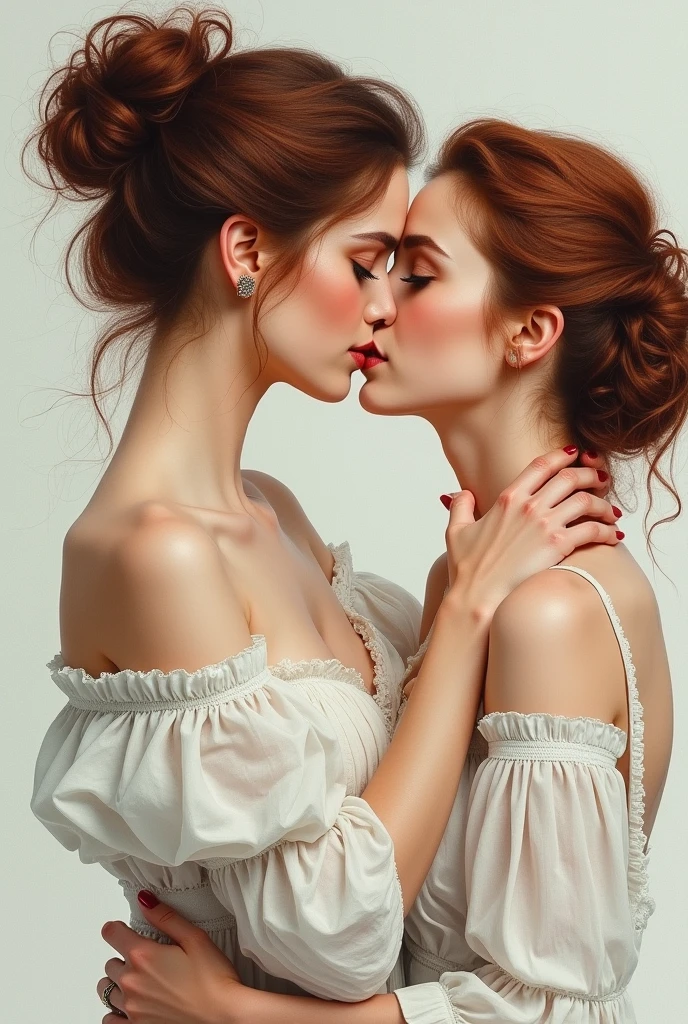 Best image quality, masterpiece level, ultra-high resolution. illustration Art, water color, fantasy theme, facial details, a eastern european woman in 20's, hair bun, playing and kissing. fairy tale theme, upper body, get detailed outdoor lighting and movie lighting, increase detailed overall ambient light, face and eye details, improve the realism of body details, clearly express sharp focus, expressionless, white clothes, burgundy hair, bright eyes, simple background. oil on canvas.