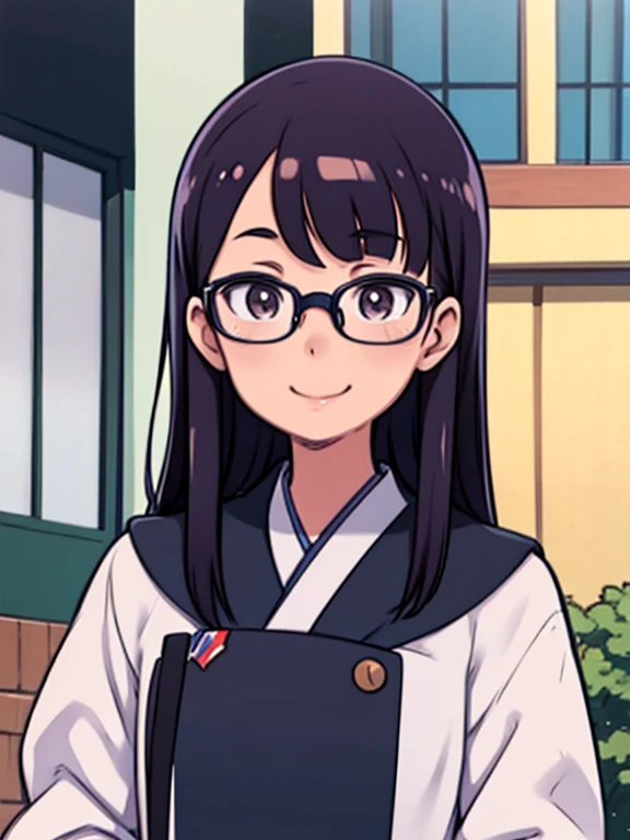 One Girl、high school student、In uniform、Smiling、Glasses、Watching the audience、Upper Body、Photographed in front of a Japanese school building、
