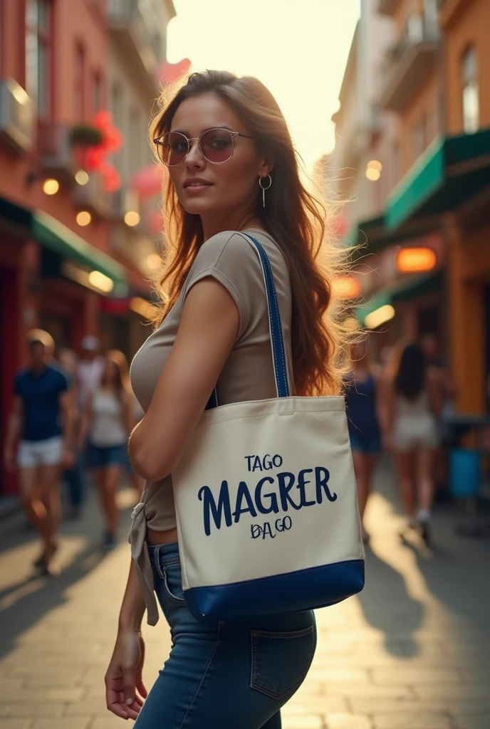 A woman carries a small white and blue Canvas Tote Bag with a name printed on it over one shoulder. The backpack has short straps and is held under her arm.