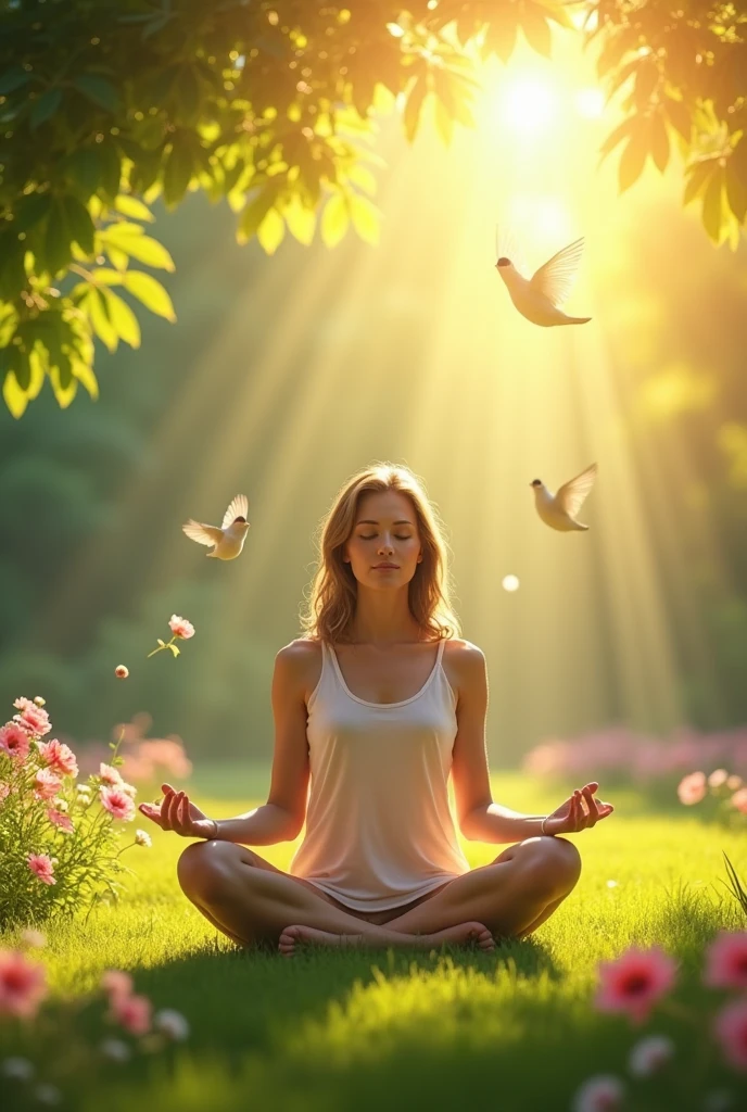 image for YouTube account about relaxation and relaxation, virtual image with a woman meditating, birds and tranquility