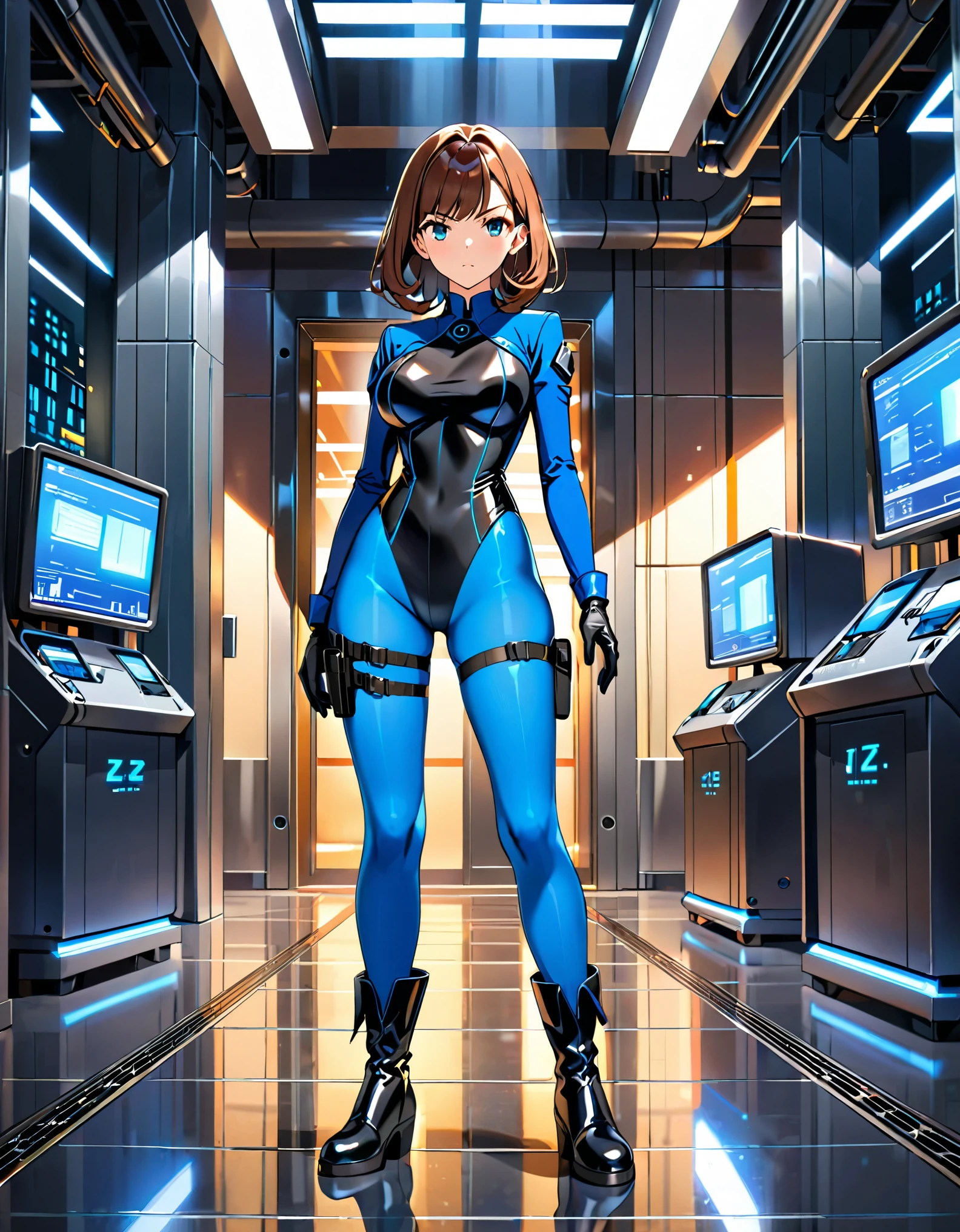 masterpiece, highly detailed, best quality, high quality, 1girl, brown hair, hazel eyes, (solo, solo focus), beautiful detailed eyes, beautiful detailed face, (perfect hands, complete fingers), perfect anatomy, perfect proportions, detailed shadows, detailed light, ((black leotard, blue long sleeves, perfect fit, black gloves)), ((thigh holster, thigh strap)), ((full blue pantyhose)), ((black boots, ankle boots, matching boots)), full body, serious expression, full body costume design. hi-tech spy building, indoors. Soft lighting.