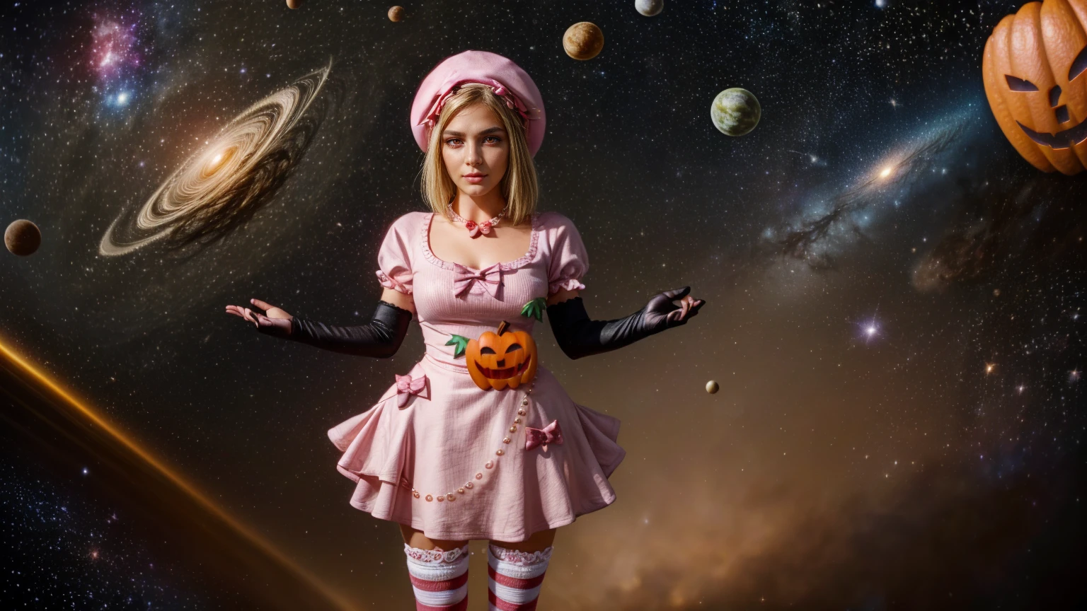 (1 lady), The beautiful, (Best quality at best:1.4), (ultra - detailed), (extremely detailed CG unified 16k), gold blonde hair, very detailed, High-definition RAW color photo, professional photoshooting, amazing face and eyes, cosmetics, (amazingly beautiful girl), ((lambdadelta, taller, tall woman)), ((dress, shoes bow, red shoes, striped stockings, red bow, pink hat, necklace, gloves, pearl, pumpkin brooch, pink dress)), levitating in a cute posture (floating in the air), (She's levitating in a cosmic sea, outer space:1.3, quantum hyperspace room lacking walls, hyperspace chamber, extremely detailed background, a lot of details background, realistic outer space background with stars quasars and cosmic bodies, brighter background), (look from above), realistic cinematic face, head to feet long wide zoomed out view, full body long view, photorealistic, ((realistic natural blonde hair style, red eyes)), gorgeous, extremely beautiful face, perfect model beauty, pout mouth, Highly Detailed Face and Skin Texture, Detailed Eyes, Double Eyelids, Small Breasts, Persistent Stare, Faith Trance, (mystical stare, looking eternity), (masterpiece), best quality, high resolution, depth of field, cinematic lighting, amazing legs, pink combat boots, clear and well-cared skin