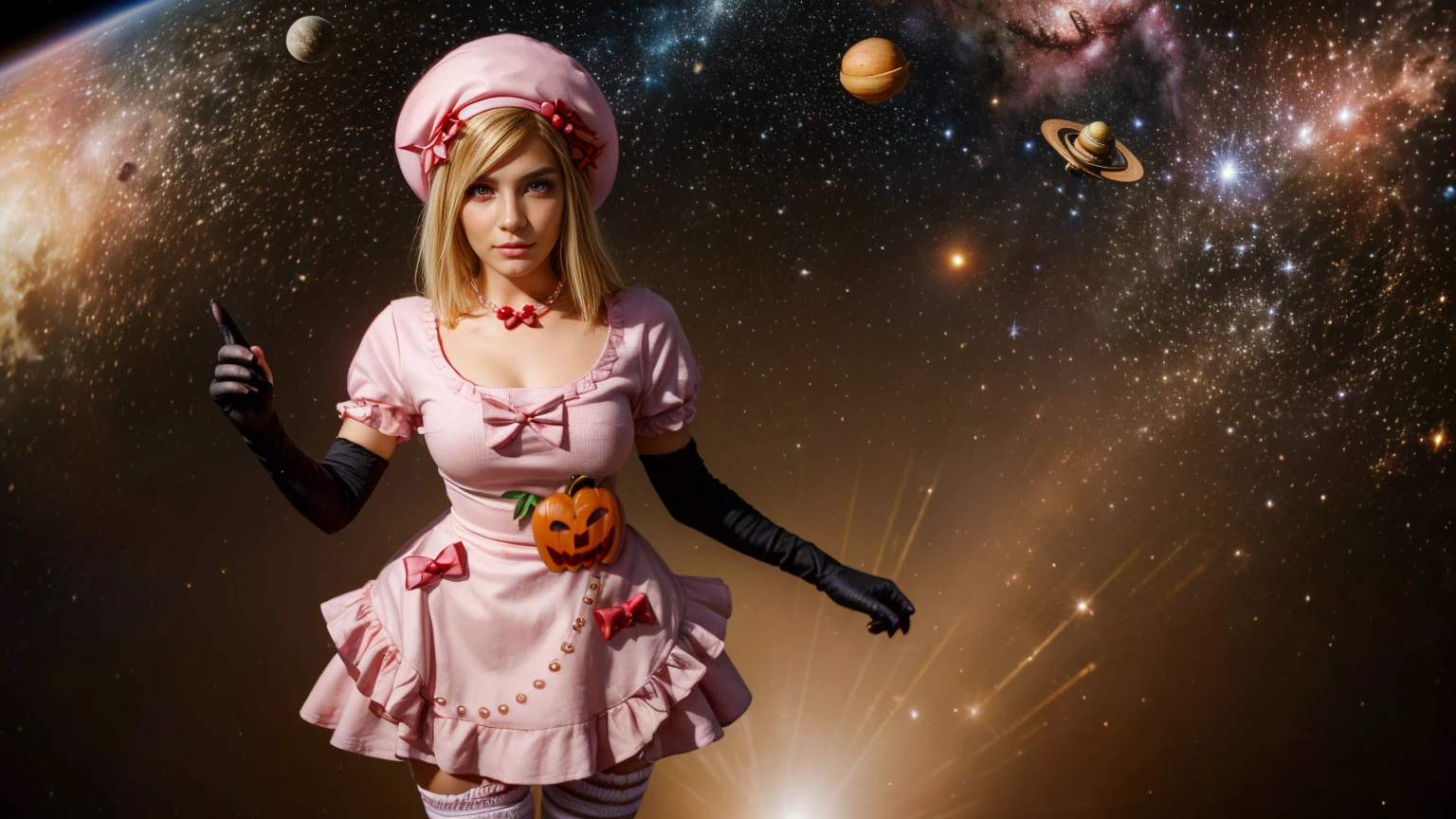 (1 lady), The beautiful, (Best quality at best:1.4), (ultra - detailed), (extremely detailed CG unified 16k), gold blonde hair, very detailed, High-definition RAW color photo, professional photoshooting, amazing face and eyes, cosmetics, (amazingly beautiful girl), ((lambdadelta, taller, tall woman)), ((dress, shoes bow, red shoes, striped stockings, red bow, pink hat, necklace, gloves, pearl, pumpkin brooch, pink dress)), levitating in a cute posture (floating in the air), (She's levitating in a cosmic sea, outer space:1.3, quantum hyperspace room lacking walls, hyperspace chamber, extremely detailed background, a lot of details background, realistic outer space background with stars quasars and cosmic bodies, brighter background), (look from above), realistic cinematic face, head to feet long wide zoomed out view, full body long view, photorealistic, ((realistic natural blonde hair style, red eyes)), gorgeous, extremely beautiful face, perfect model beauty, pout mouth, Highly Detailed Face and Skin Texture, Detailed Eyes, Double Eyelids, Small Breasts, Persistent Stare, Faith Trance, (mystical stare, looking eternity), (masterpiece), best quality, high resolution, depth of field, cinematic lighting, amazing legs, pink combat boots, clear and well-cared skin
