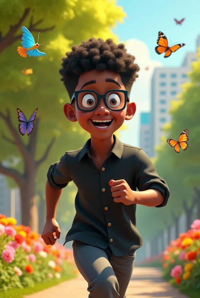 A 3D avatar style Disney Pixar black man with short curly hair square glasses with black shirt running