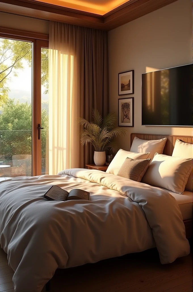 Realistic Bed room back 50inch tv and left side window view