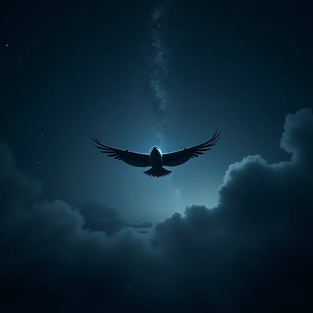 flying in the night sky, starlit night, dramatic lighting, (best quality,4k,8k,highres,masterpiece:1.2),ultra-detailed,(realistic,photorealistic,photo-realistic:1.37),cinematic composition, dramatic chiaroscuro lighting, moody atmosphere, intricate star patterns, ethereal beauty, mystical ambience