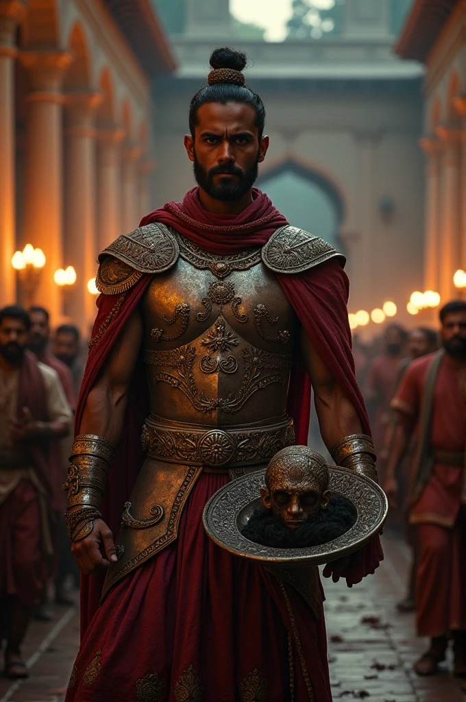 A Rajput soldier carries the queen's severed head on a plate to the king.