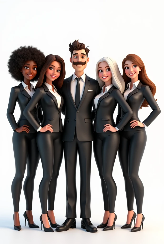 generates a group of people in 3D animation, three of which are women in formal suits, a brunette girl with afro hair, a white girl with curly or frizzy hair, another white girl with straight hair, and one brunette man without a beard, just a mustache, in a suit on a white background