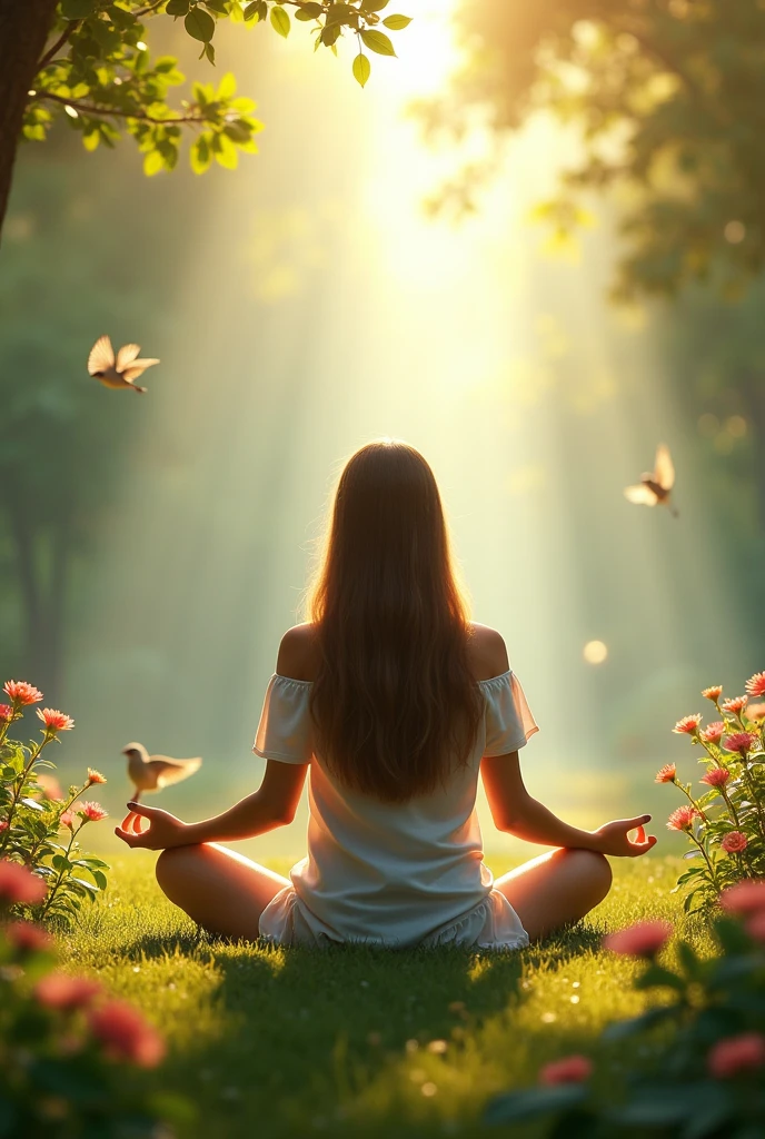 image for YouTube account about relaxation and relaxation, virtual image with a woman meditating, birds and tranquility 