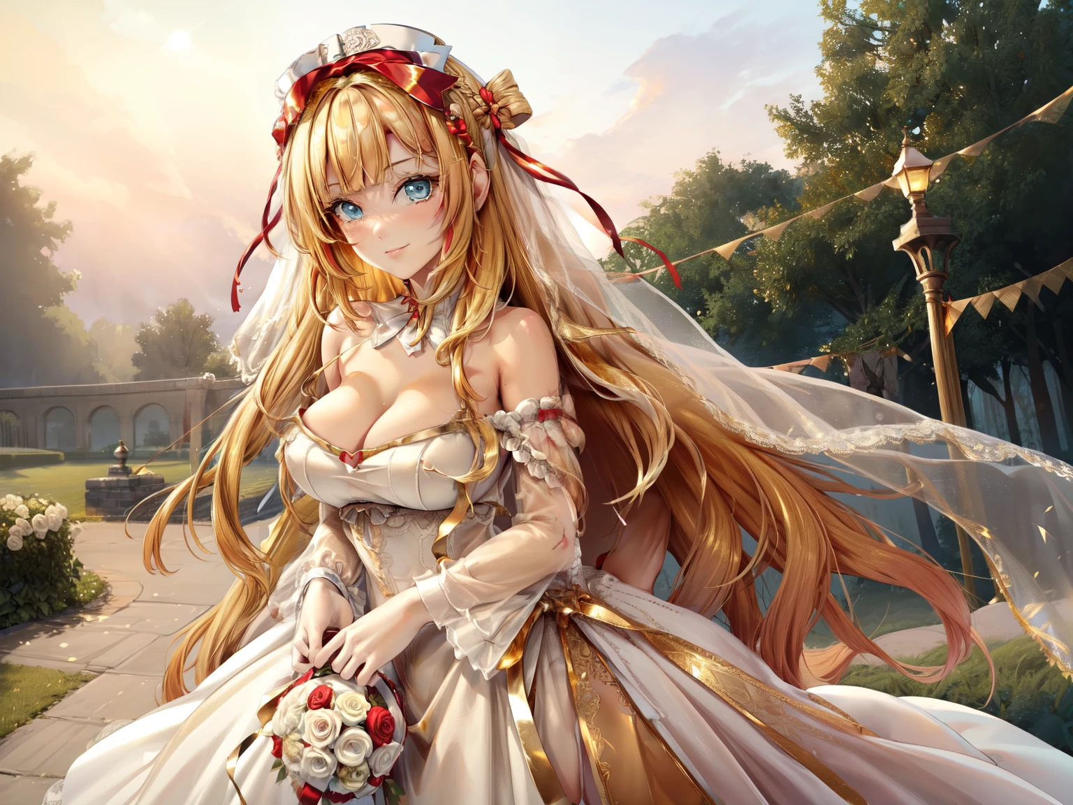 (masterpiece, best quality, beautiful and aesthetic:1.3), 1woman, ((very mature woman)),(30 years old, thirties), solo, light smile, (bred hair streaked gold:1.4), (Gradient gold hair ends:1.6), hair strand, absurdly hair, single sidelock, wavy hair, shiny hair, floating hair, (deep blue eyes), delicate eyes, aqua eyes, super high detailed eyes, long upper eyelashes, makeup, Focus on face, Very detailed facial, Pretty Face, Perfect breasts, hot body, (Delicate skin texture:1.2), bridal veil, (Red lace-trimmed dress), see-through, (Red wedding dress), outdoors, white roses, garden, morning, standing, extreme detailed, light smile