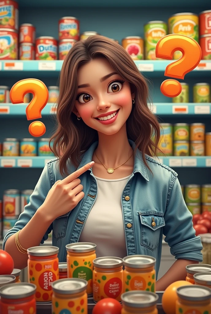 Create me a picture of my business named "why why why delata?" With a real human woman pointing the canned food like questioning