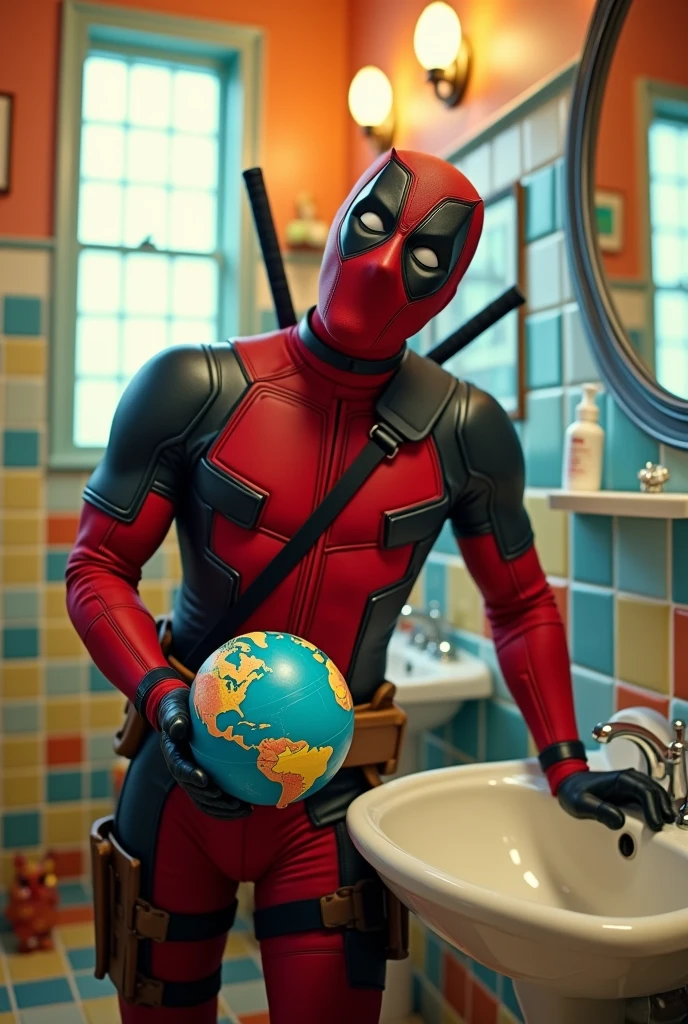 In the bathroom, Deadpool is sucking World's cock