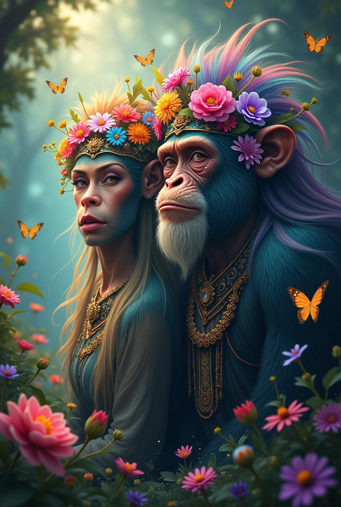 A captivating and surreal digital painting depicting a mythical Monkey man and Monkey woman in an enchanting forest. The Monkeywoman boasts a stunning iridescent mane and wears a crown adorned with vibrant flowers, while the Monkey man has a regal beard and a bejeweled collar. They are surrounded by a lush, dreamy environment filled with multicolored flowers and fluttering butterflies. The overall atmosphere is ethereal and mystical, with elements of dark fantasy and a touch of whimsy., photo, graffiti, 3d render, illustration, dark fantasy, painting, vibrant