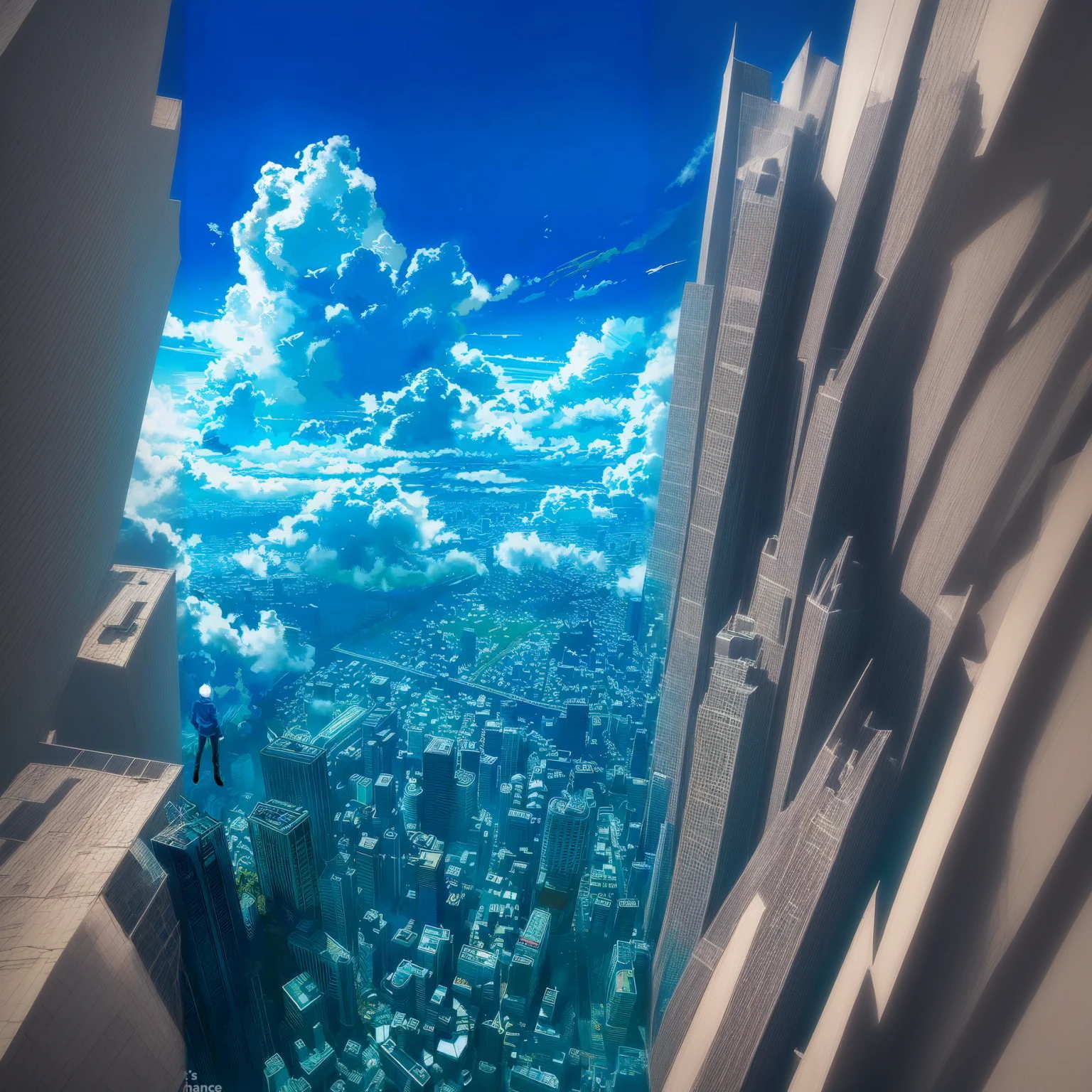 similar quality , add more buildings cloud , the man flying should be above everyone