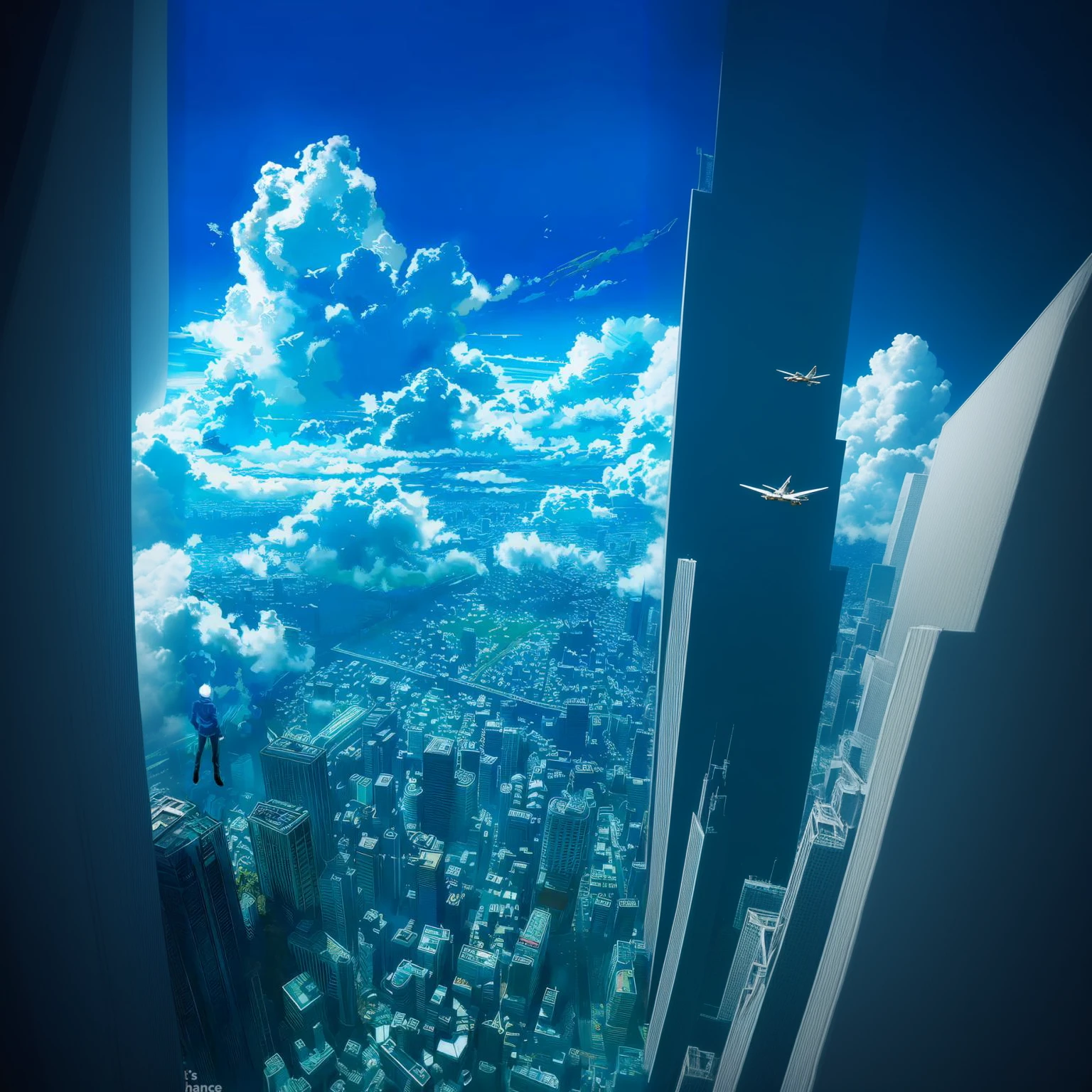 similar quality , add more buildings cloud , the man flying should be above everyone