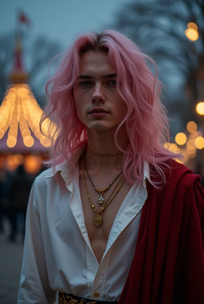 ((Masterpiece, Best Quality, Highest Image Quality, High Resolution, Photorealism, RAW Photos, 8k)), A beautiful man, 20 years old, light muscles, pale skin, fine feature, young face, lightly smile, long hair, pink pink haired, hair flying in the wind, show forehead, gold jewelry, open white shirt, thin red cloak. Outdoors, in the night circus, gothic architecture, Christmas.