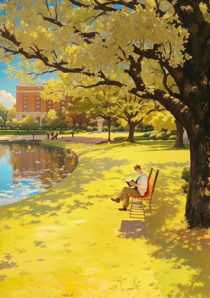 Painting of a man sitting on a bench and reading, Reading under the tree, Created by experienced artists, Charles Mahoney, In the city park, author：Paul Los, Kenton Nelson, Sunny day in the park, Inspired by Charles W.. Bartlett, Full color illustrations, On a sunny day, Pamela Asherson, Sitting by the pond