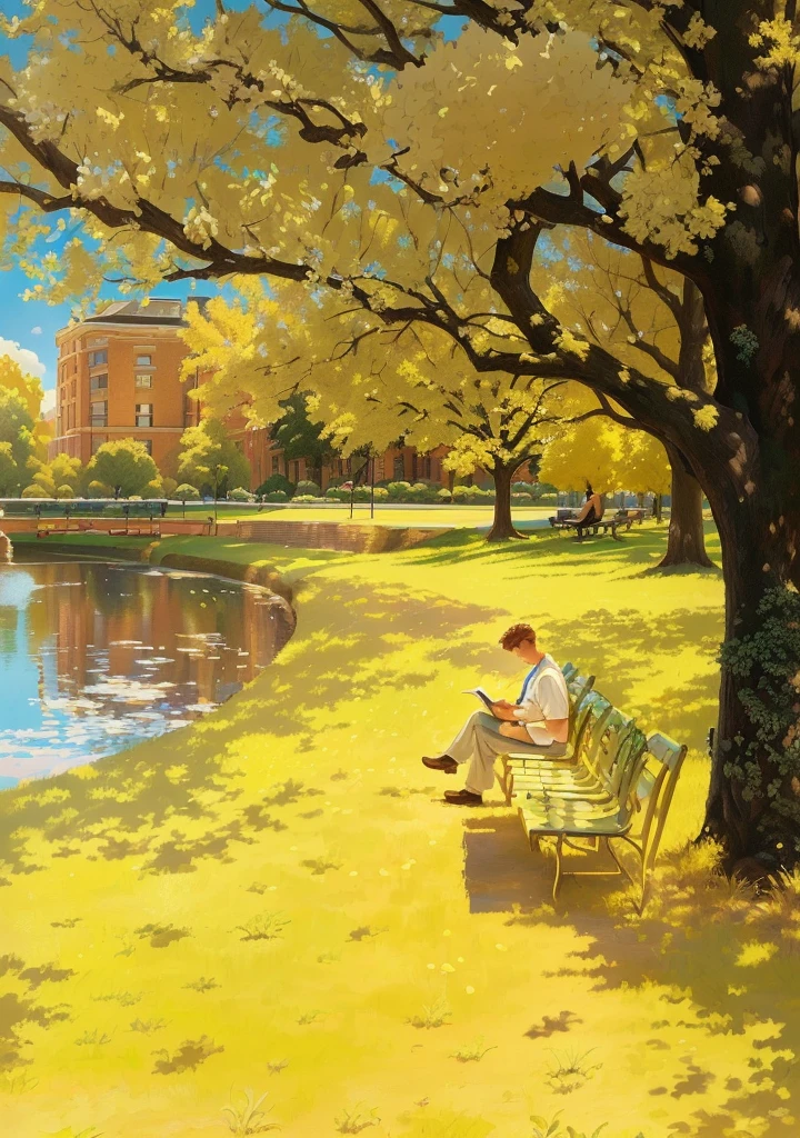 Painting of a man sitting on a bench and reading, Reading under the tree, Created by experienced artists, Charles Mahoney, In the city park, author：Paul Los, Kenton Nelson, Sunny day in the park, Inspired by Charles W.. Bartlett, Full color illustrations, On a sunny day, Pamela Asherson, Sitting by the pond