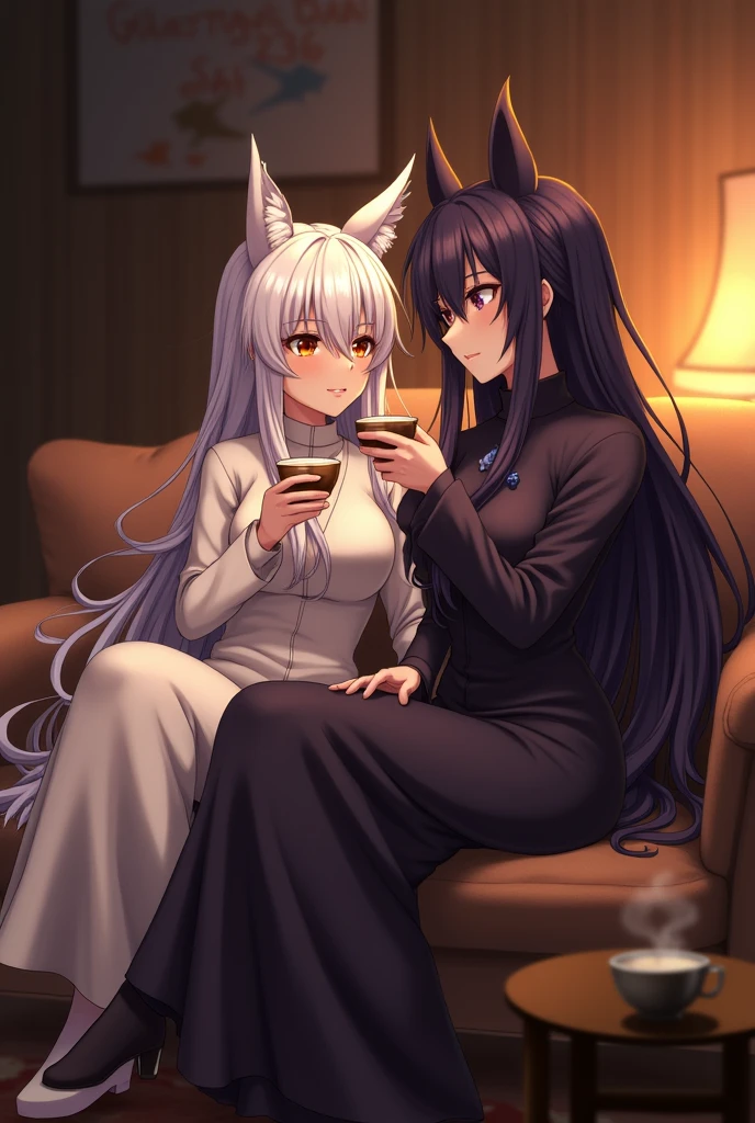 2 characters, Kiyohime (Fate), white hair, orange eyes with red, black horns, nitocris (fate), Long dark purple hair, purple eyes, brown skin, Sitting together on a couch at night and having a small cup of hot chocolate