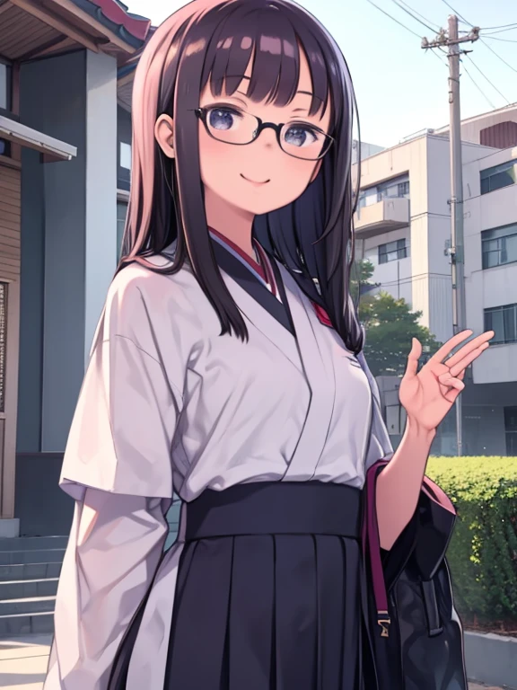 One Girl、high school 、In uniform、Smiling、Glasses、Watching the audience、Upper Body、Photographed in front of a Japanese school building、
