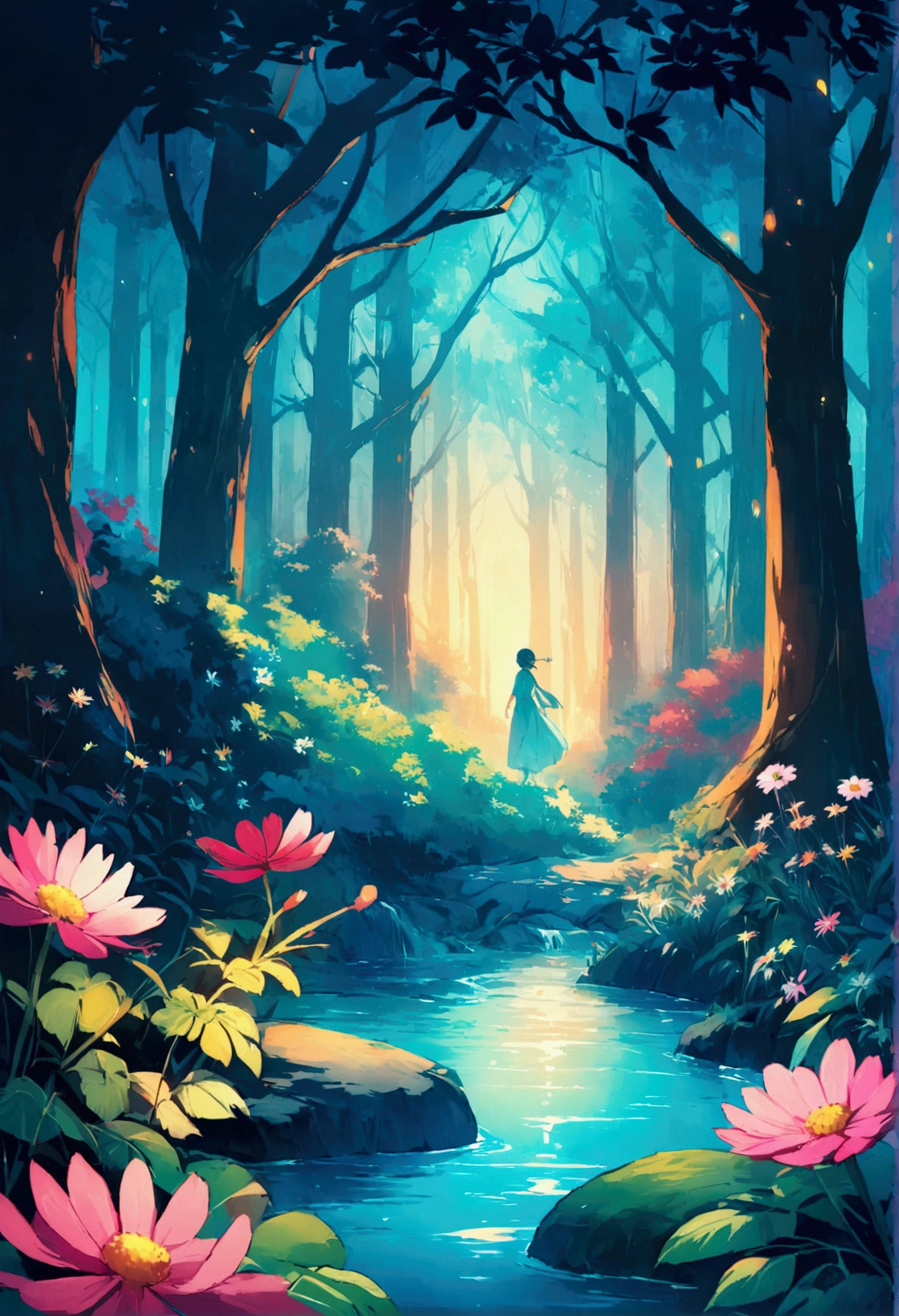 Viral anime nature wallpaper in 4K quality, in the style of digital illustration inspired by Hayao Miyazaki, featuring a serene forest with towering ancient trees, dappled sunlight filtering through the leaves, a gentle stream flowing through the scene, and mystical creatures peeking from behind the foliage; vibrant and warm color temperature, cosmos lighting with stars twinkling in the sky, no human characters, the atmosphere is tranquil and enchanting